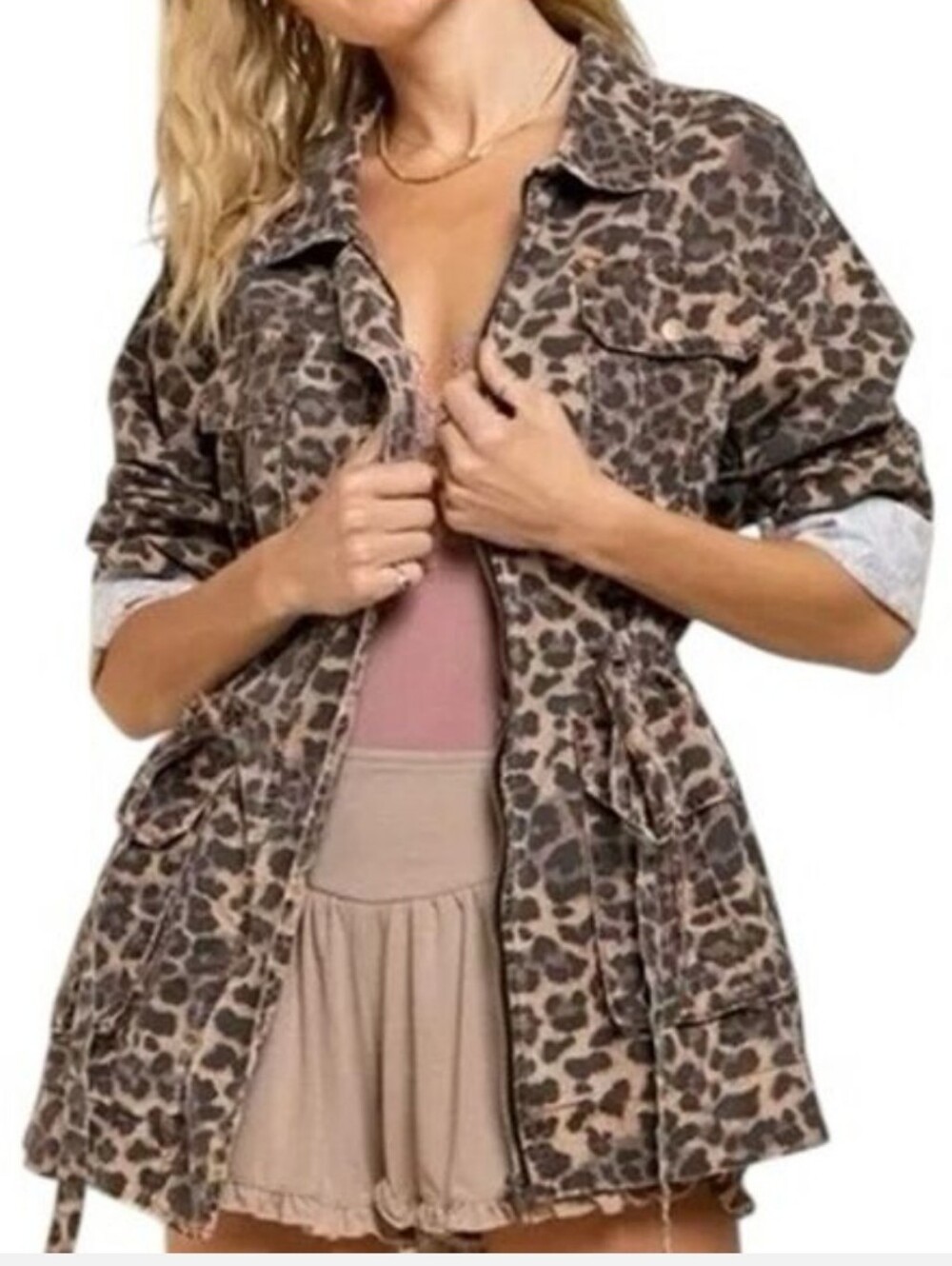 POL Leopard-Print Utility Jacket in Brown